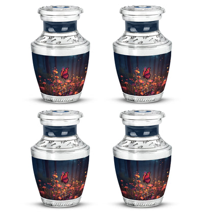 Misty Blue Butterfly Cremation Urn back view with polished surface - modern art-inspired butterfly motif on sleek aluminum - 10 inch aluminum urn for cremated remains