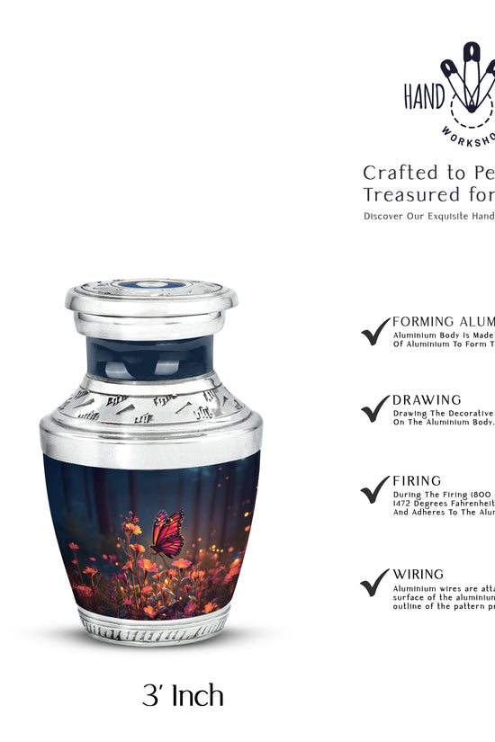 Soft Blue Butterfly Cremation Urn top-down view of secure threaded lid - artistic butterfly interpretation with creative detail - mini keepsake memorial for portion of cremation ashes