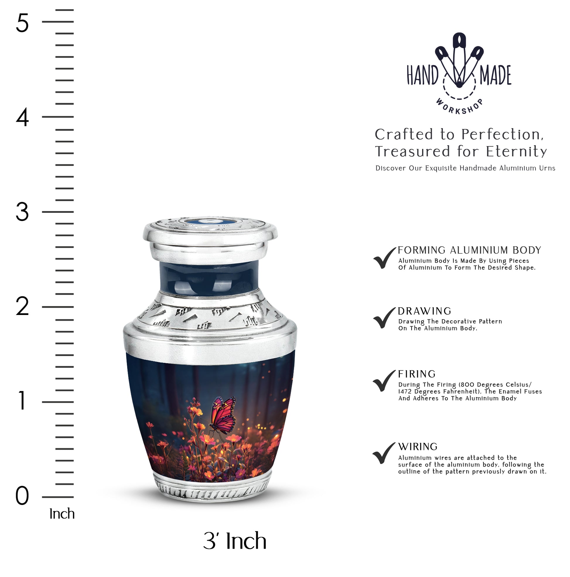 Soft Blue Butterfly Cremation Urn top-down view of secure threaded lid - artistic butterfly interpretation with creative detail - mini keepsake memorial for portion of cremation ashes