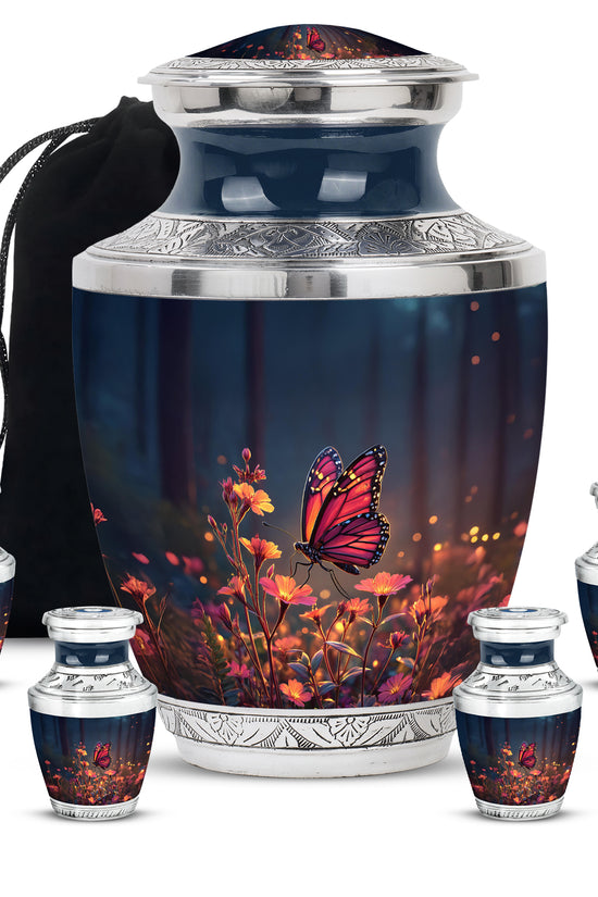 Pastel Blue Butterfly Cremation Urn lifestyle display on memorial shelf - modern art-inspired butterfly motif on sleek aluminum - memorial set with one large and four small urns