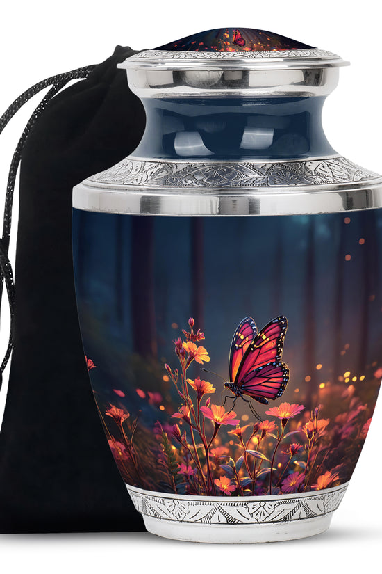 Navy Blue Butterfly Cremation Urn side profile showing urn shape - modern art-inspired butterfly motif on sleek aluminum - full-size 10 inch 200 cubic inch adult cremation urn