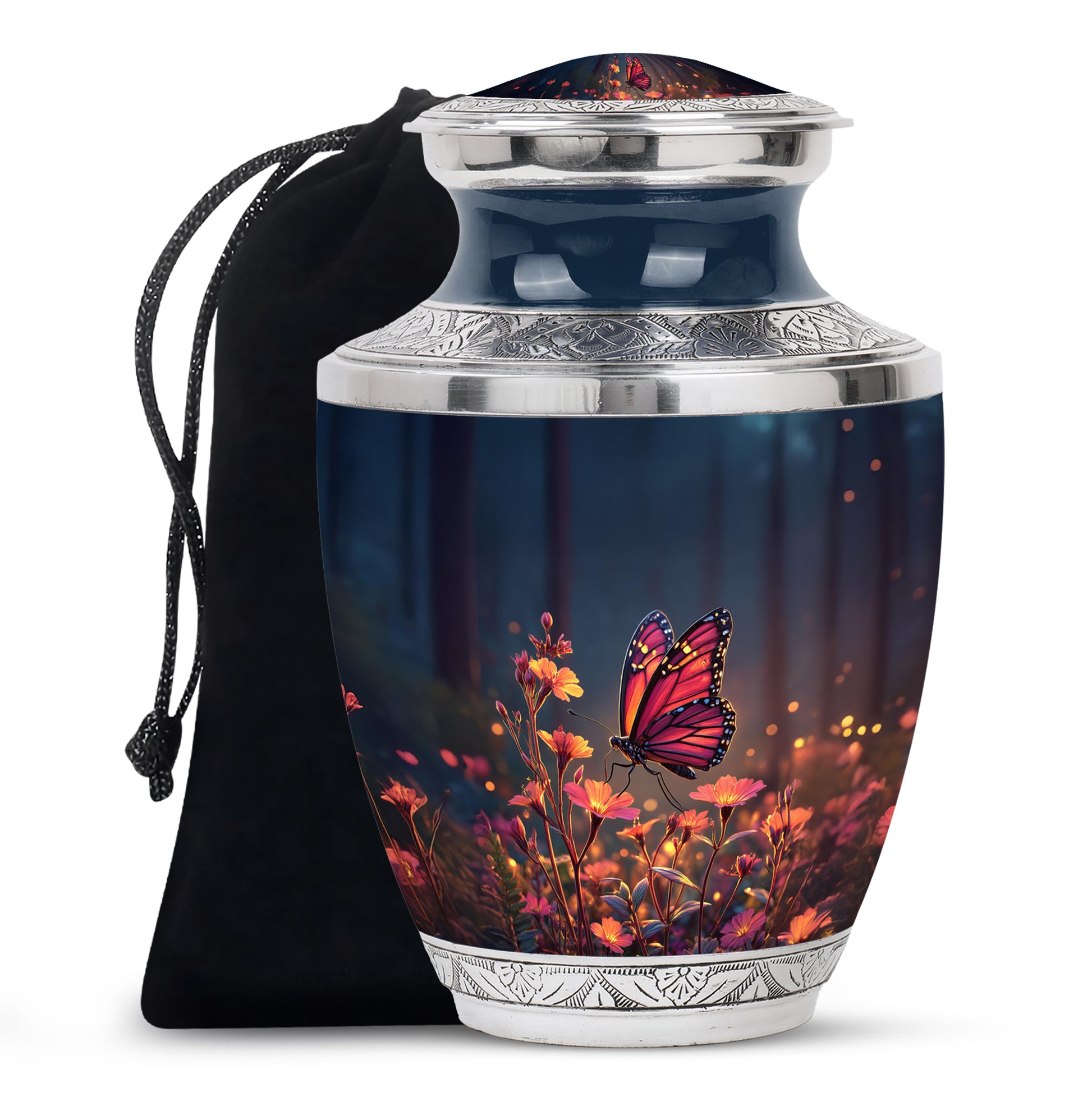 Navy Blue Butterfly Cremation Urn side profile showing urn shape - modern art-inspired butterfly motif on sleek aluminum - full-size 10 inch 200 cubic inch adult cremation urn