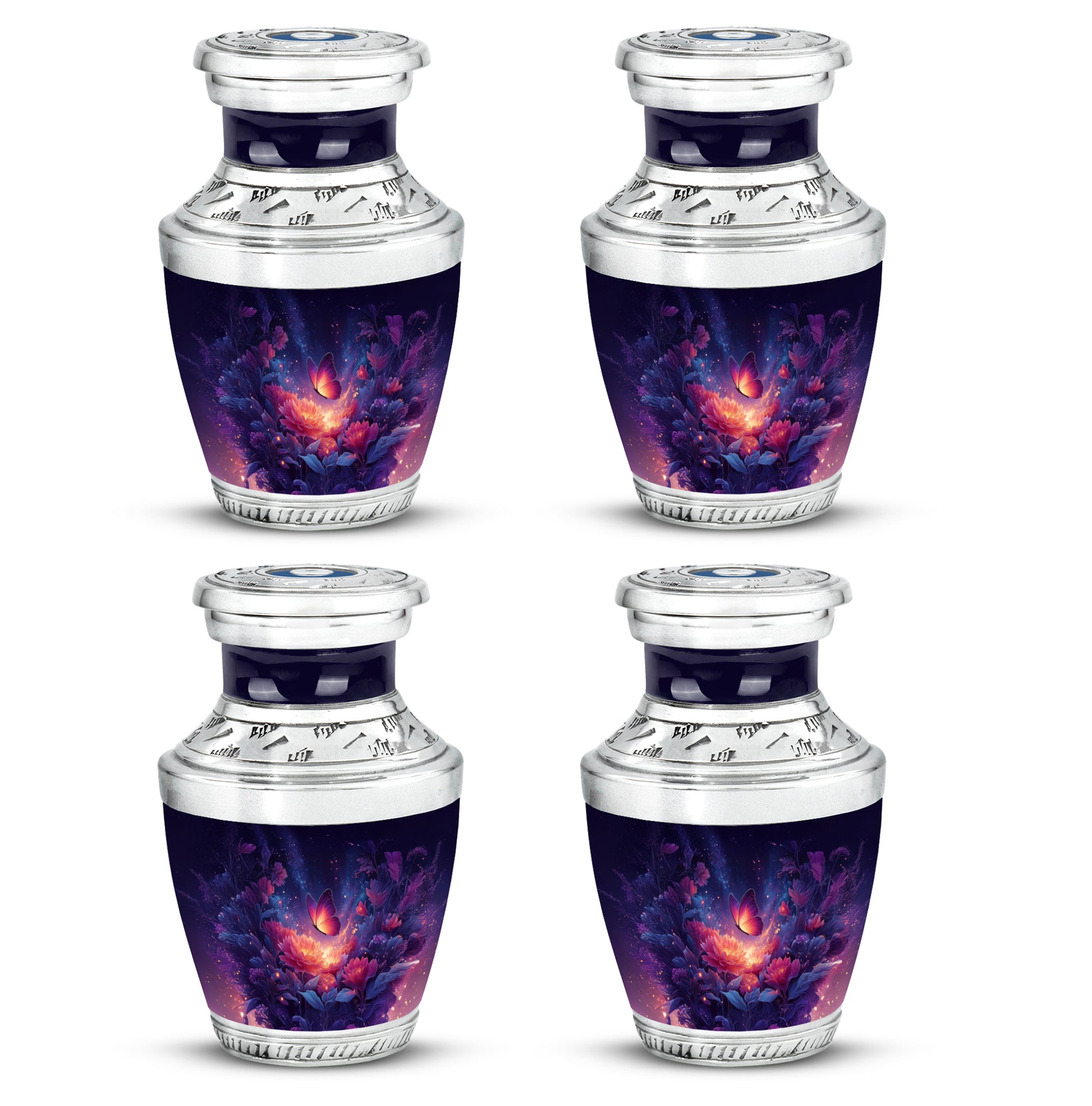 Powder Blue Butterfly Cremation Urn back view with polished surface - contemporary butterfly design with modern artistic flair - 10 inch aluminum urn for cremated remains