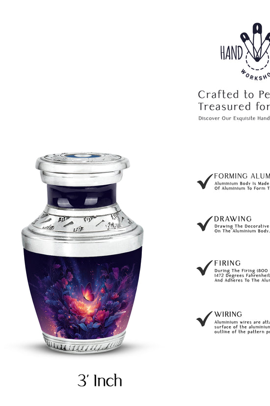 Cobalt Blue Butterfly Cremation Urn top-down view of secure threaded lid - stylized abstract butterfly pattern with bold lines - mini keepsake memorial for portion of cremation ashes