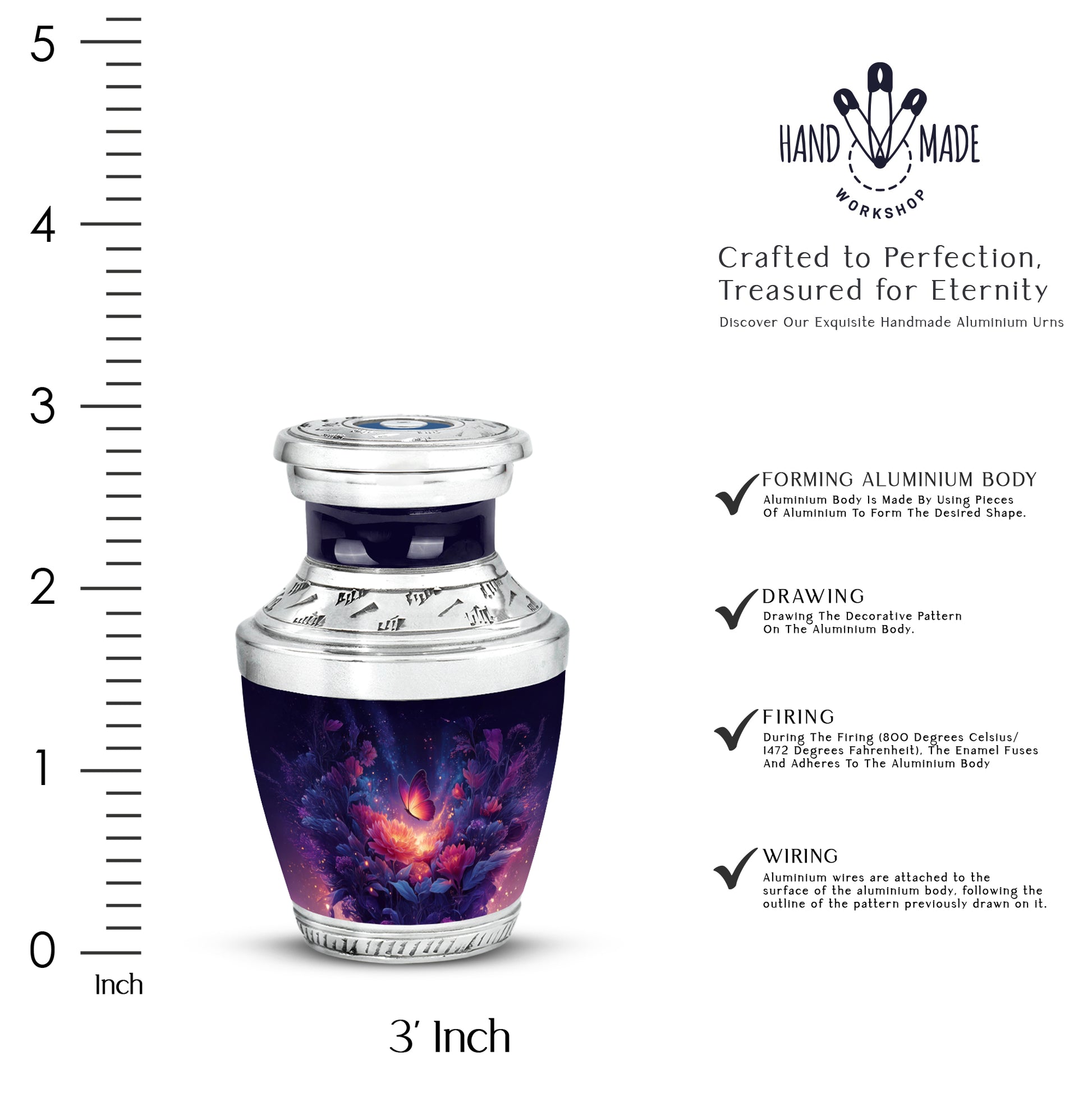 Cobalt Blue Butterfly Cremation Urn top-down view of secure threaded lid - stylized abstract butterfly pattern with bold lines - mini keepsake memorial for portion of cremation ashes