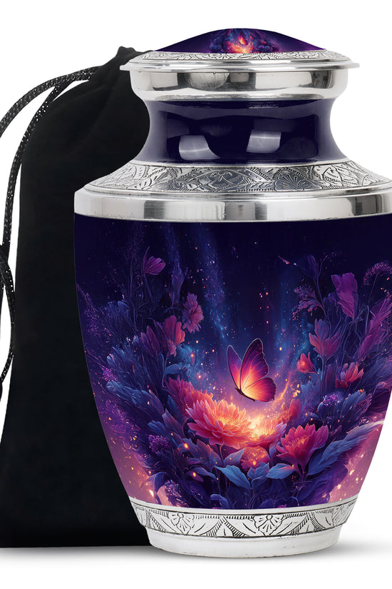 Navy Blue Butterfly Cremation Urn side profile showing urn shape - contemporary butterfly design with modern artistic flair - full-size 10 inch 200 cubic inch adult cremation urn