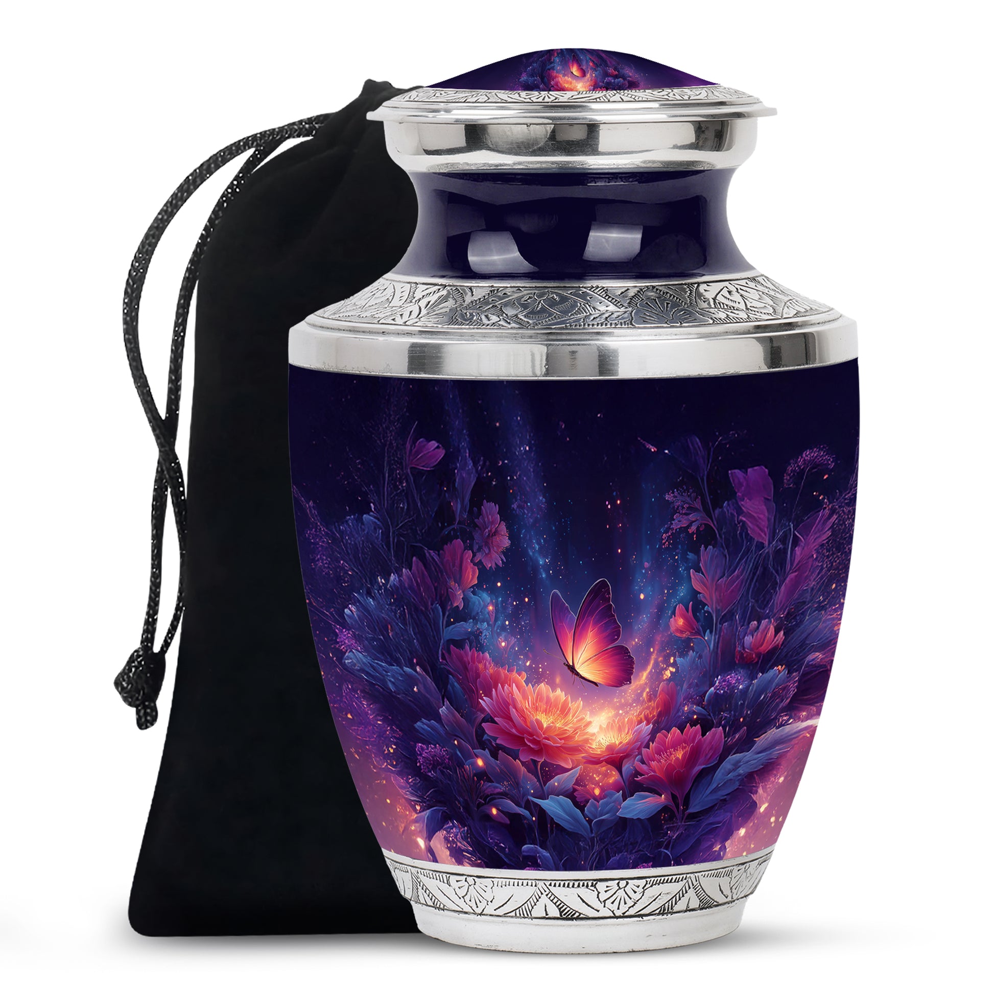 Navy Blue Butterfly Cremation Urn side profile showing urn shape - contemporary butterfly design with modern artistic flair - full-size 10 inch 200 cubic inch adult cremation urn