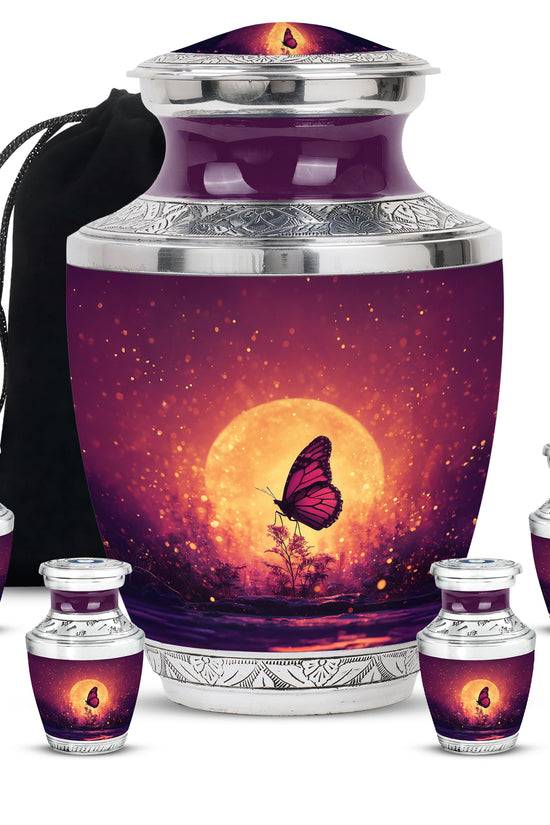Rose Pink Butterfly Cremation Urn lifestyle display on memorial shelf - modern art-inspired butterfly motif on sleek aluminum - memorial set with one large and four small urns