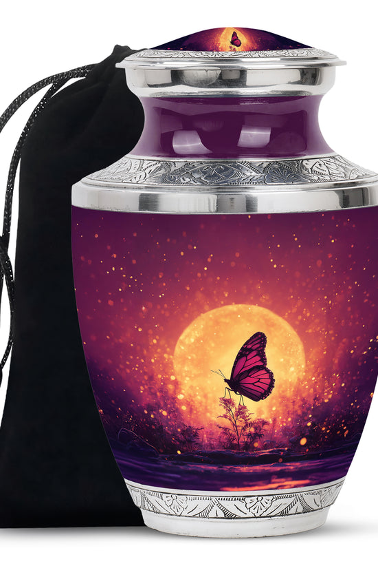 Vintage Pink Butterfly Cremation Urn side profile showing urn shape - stylized abstract butterfly pattern with bold lines - full-size 10 inch 200 cubic inch adult cremation urn