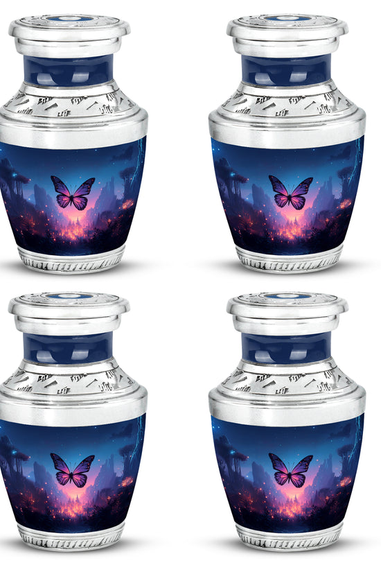 Icy Blue Butterfly Cremation Urn back view with polished surface - modern art-inspired butterfly motif on sleek aluminum - 10 inch aluminum urn for cremated remains