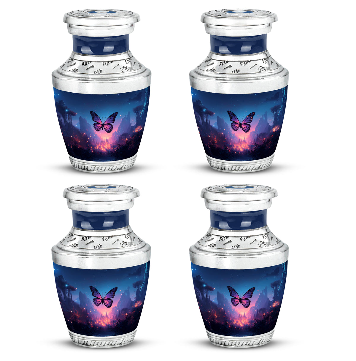 Icy Blue Butterfly Cremation Urn back view with polished surface - modern art-inspired butterfly motif on sleek aluminum - 10 inch aluminum urn for cremated remains