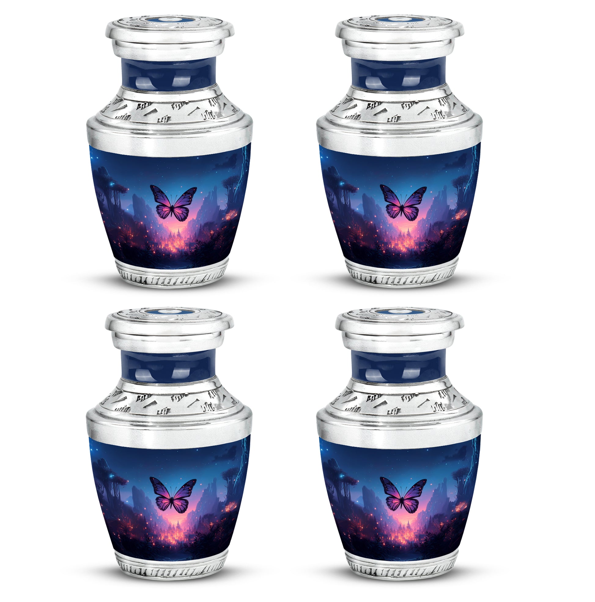 Icy Blue Butterfly Cremation Urn back view with polished surface - modern art-inspired butterfly motif on sleek aluminum - 10 inch aluminum urn for cremated remains