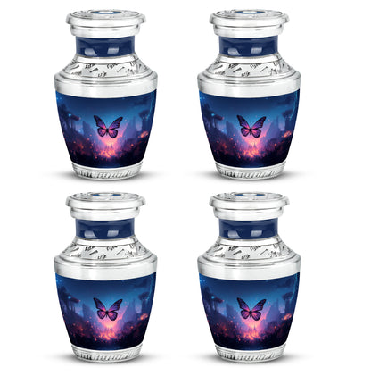 Icy Blue Butterfly Cremation Urn back view with polished surface - modern art-inspired butterfly motif on sleek aluminum - 10 inch aluminum urn for cremated remains