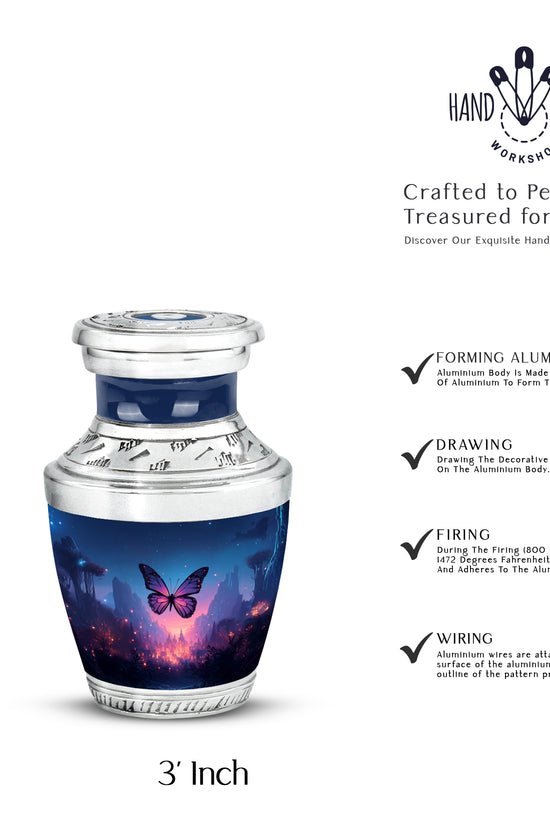 Twilight Blue Butterfly Cremation Urn top-down view of secure threaded lid - stylized abstract butterfly pattern with bold lines - mini keepsake memorial for portion of cremation ashes