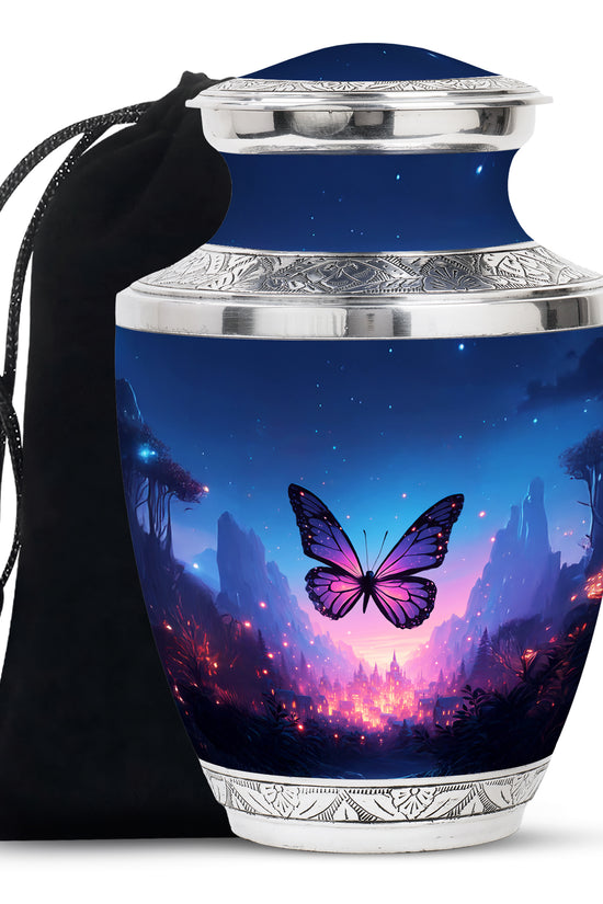 Blue Flying Butterfly Memorial Urn - Night Scenic Urns For Mom Ashes