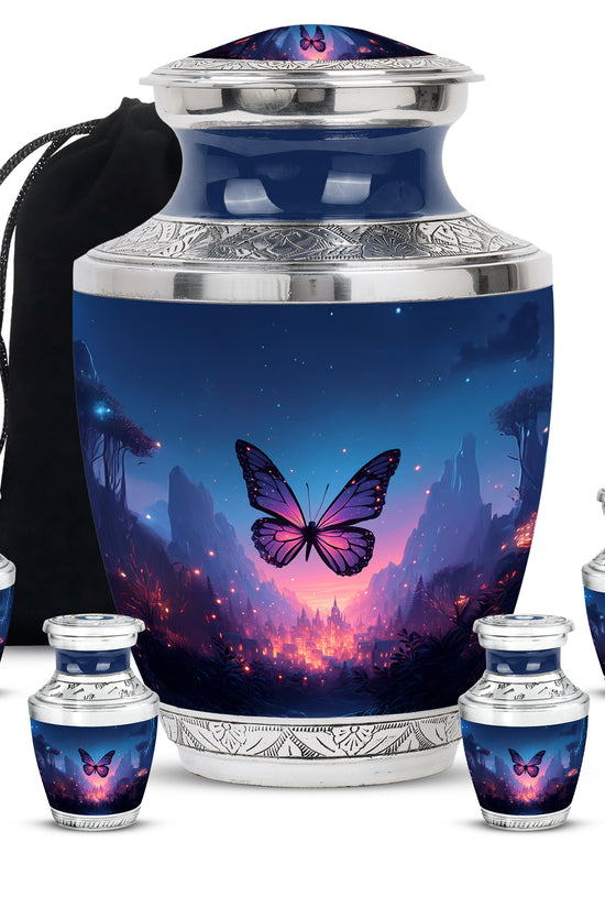 Soft Blue Butterfly Cremation Urn lifestyle display on memorial shelf - stylized abstract butterfly pattern with bold lines - memorial set with one large and four small urns
