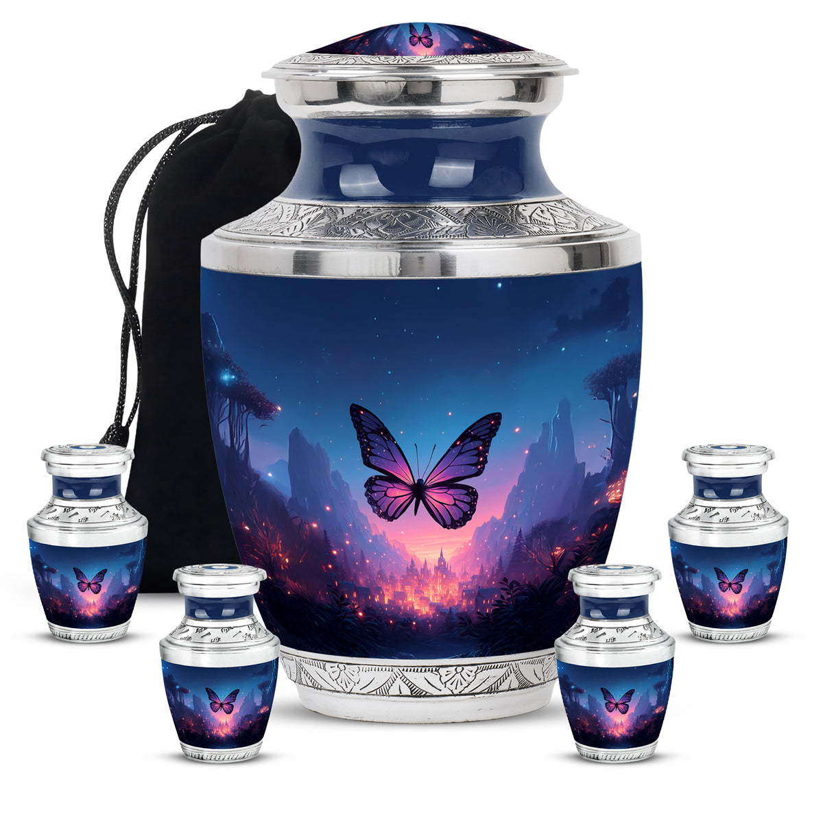 Soft Blue Butterfly Cremation Urn lifestyle display on memorial shelf - stylized abstract butterfly pattern with bold lines - memorial set with one large and four small urns