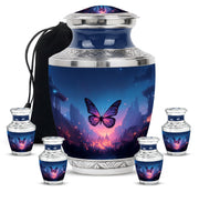 Soft Blue Butterfly Cremation Urn lifestyle display on memorial shelf - stylized abstract butterfly pattern with bold lines - memorial set with one large and four small urns