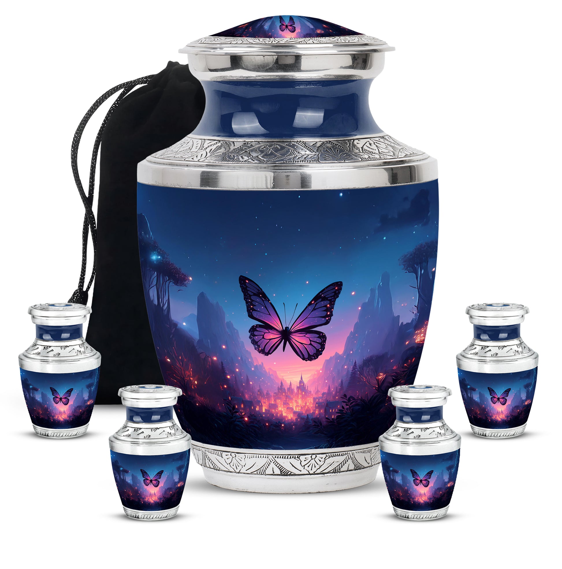 Soft Blue Butterfly Cremation Urn lifestyle display on memorial shelf - stylized abstract butterfly pattern with bold lines - memorial set with one large and four small urns