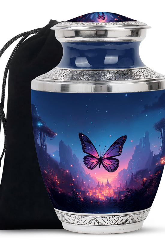 Dusty Blue Butterfly Cremation Urn side profile showing urn shape - contemporary butterfly design with modern artistic flair - full-size 10 inch 200 cubic inch adult cremation urn