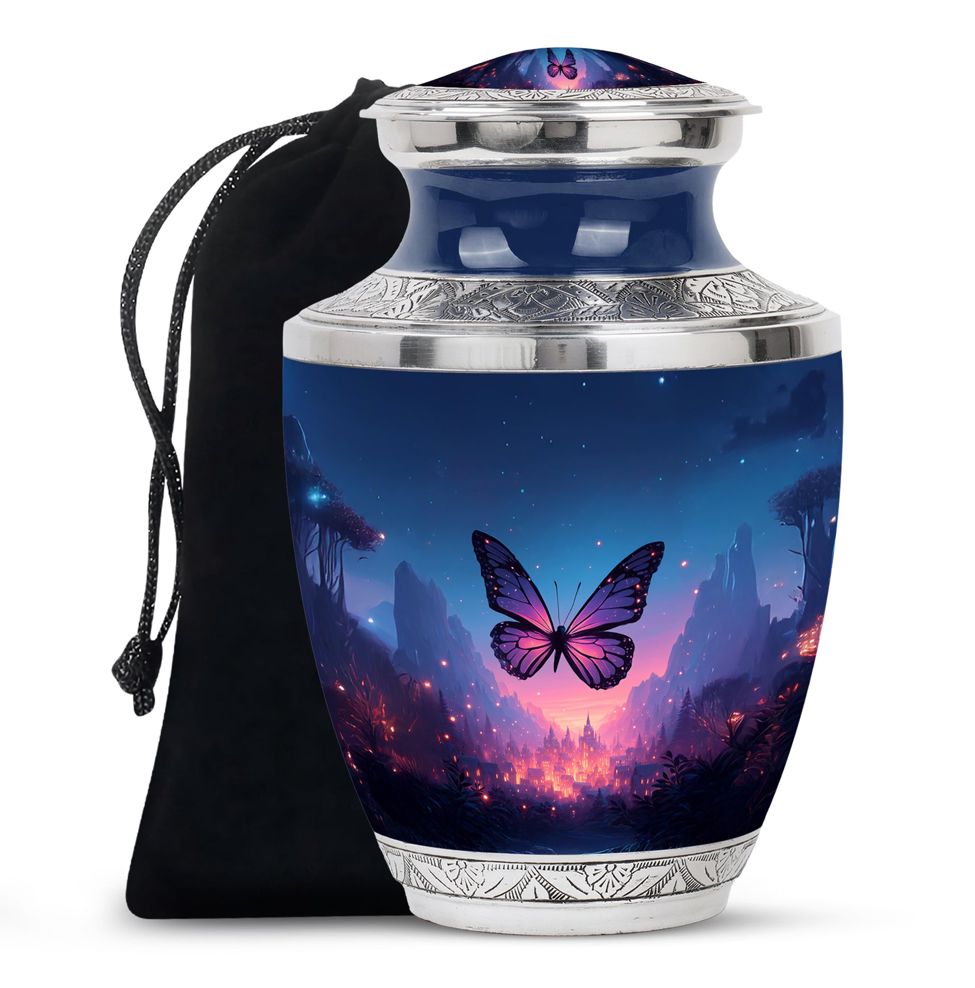 Dusty Blue Butterfly Cremation Urn side profile showing urn shape - contemporary butterfly design with modern artistic flair - full-size 10 inch 200 cubic inch adult cremation urn
