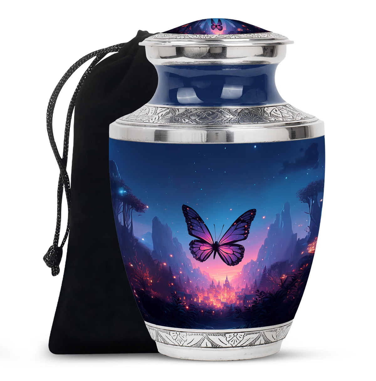 Dusty Blue Butterfly Cremation Urn side profile showing urn shape - contemporary butterfly design with modern artistic flair - full-size 10 inch 200 cubic inch adult cremation urn