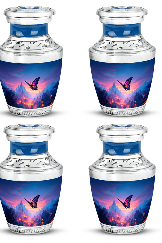 Sky Blue Butterfly Cremation Urn back view with polished surface - contemporary butterfly design with modern artistic flair - 10 inch aluminum urn for cremated remains