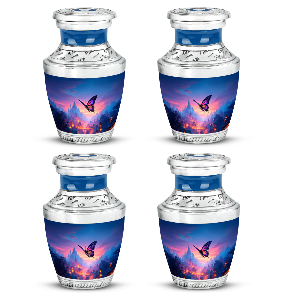 Sky Blue Butterfly Cremation Urn back view with polished surface - contemporary butterfly design with modern artistic flair - 10 inch aluminum urn for cremated remains