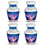 Sky Blue Butterfly Cremation Urn back view with polished surface - contemporary butterfly design with modern artistic flair - 10 inch aluminum urn for cremated remains