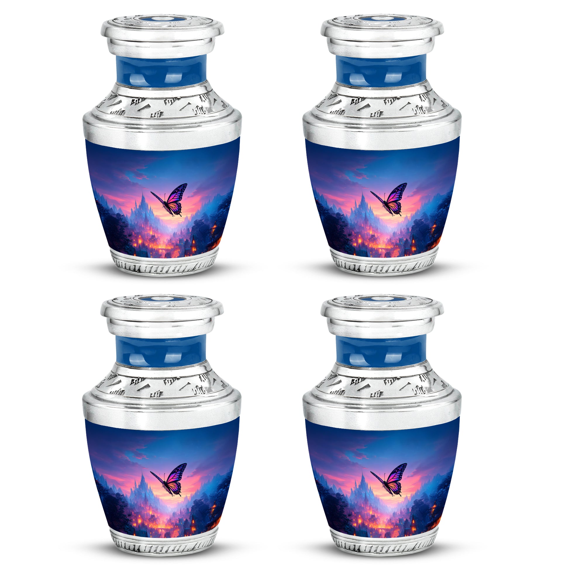 Sky Blue Butterfly Cremation Urn back view with polished surface - contemporary butterfly design with modern artistic flair - 10 inch aluminum urn for cremated remains