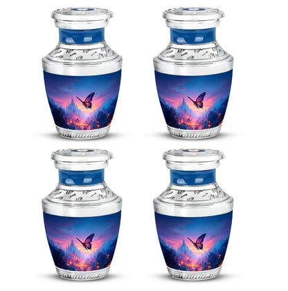 Sky Blue Butterfly Cremation Urn back view with polished surface - contemporary butterfly design with modern artistic flair - 10 inch aluminum urn for cremated remains