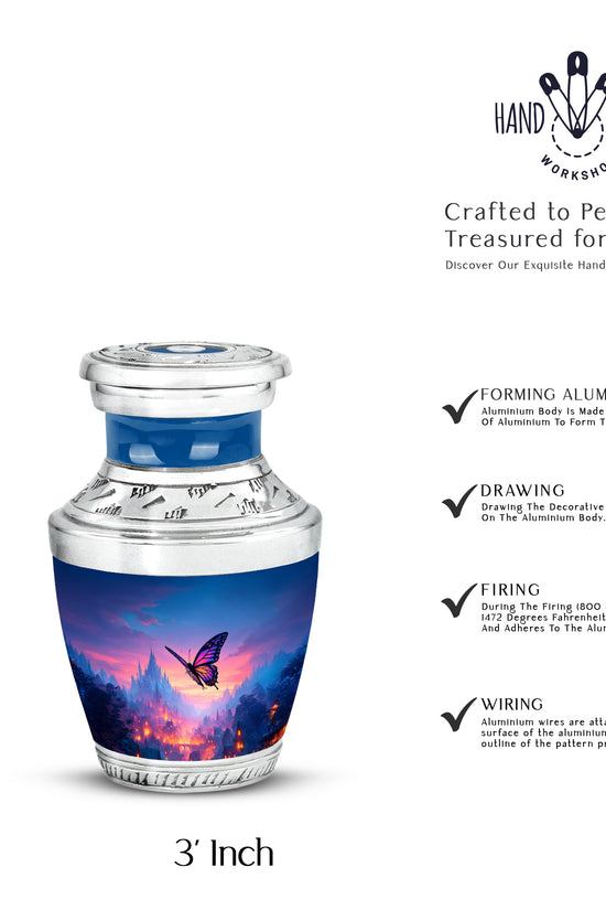Misty Blue Butterfly Cremation Urn top-down view of secure threaded lid - contemporary butterfly design with modern artistic flair - mini keepsake memorial for portion of cremation ashes