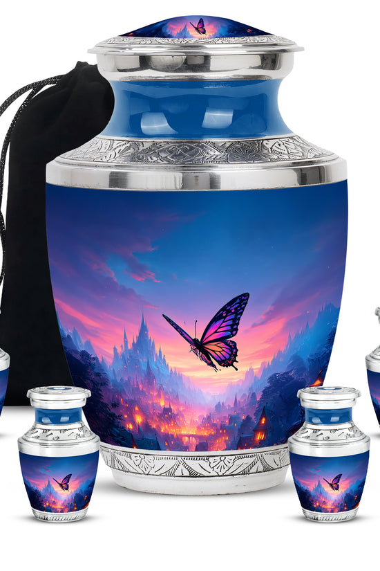 Calming Blue Butterfly Cremation Urn lifestyle display on memorial shelf - artistic butterfly interpretation with creative detail - memorial set with one large and four small urns