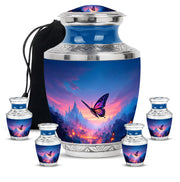 Calming Blue Butterfly Cremation Urn lifestyle display on memorial shelf - artistic butterfly interpretation with creative detail - memorial set with one large and four small urns