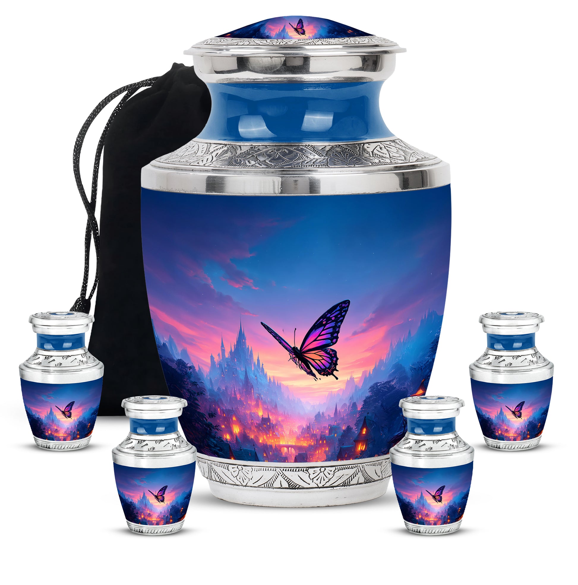 Calming Blue Butterfly Cremation Urn lifestyle display on memorial shelf - artistic butterfly interpretation with creative detail - memorial set with one large and four small urns