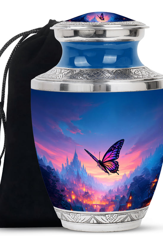 Vivid Blue Butterfly Cremation Urn side profile showing urn shape - artistic butterfly interpretation with creative detail - full-size 10 inch 200 cubic inch adult cremation urn