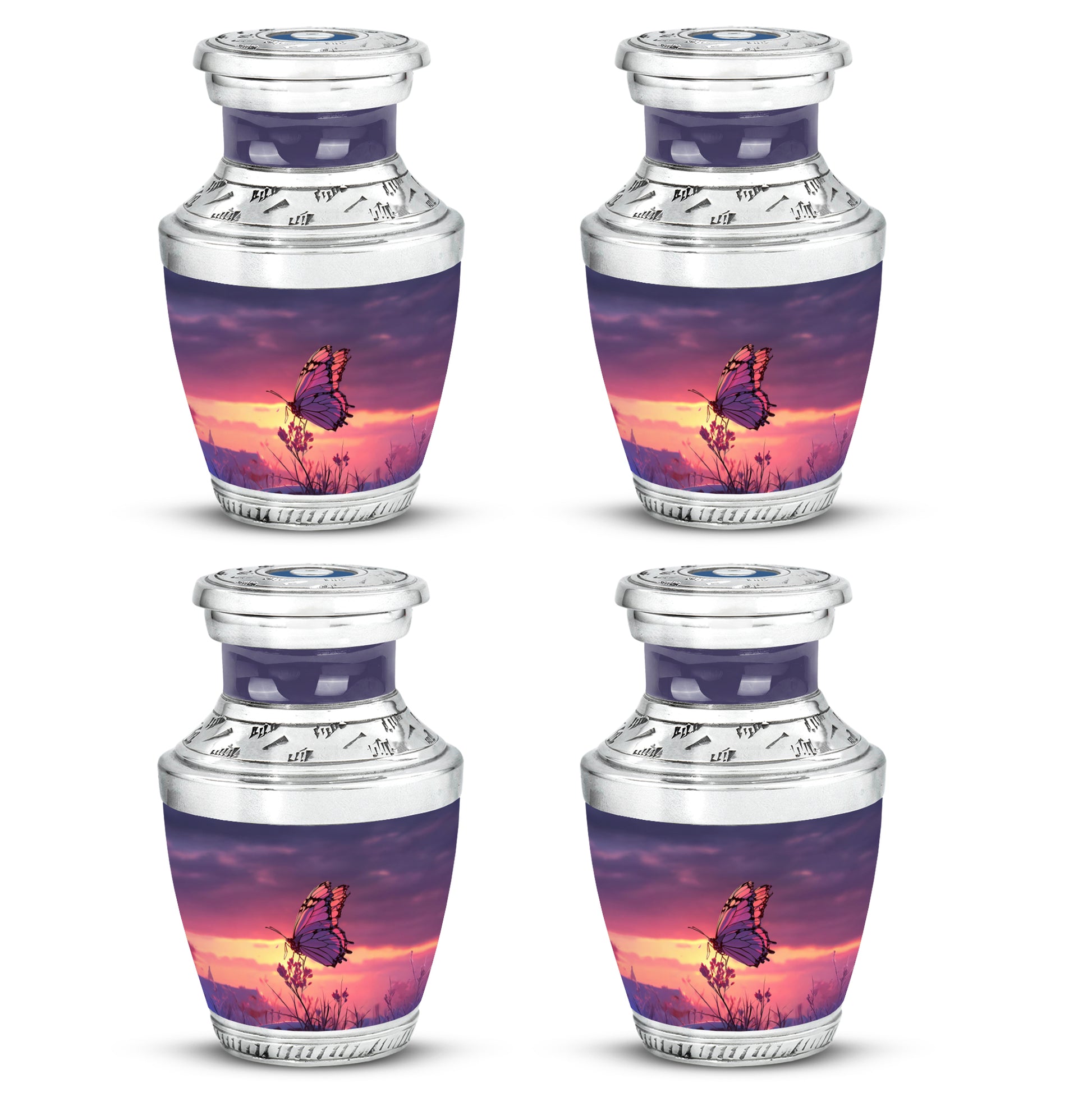 Calming Blue Butterfly Cremation Urn back view with polished surface - stylized abstract butterfly pattern with bold lines - 10 inch aluminum urn for cremated remains
