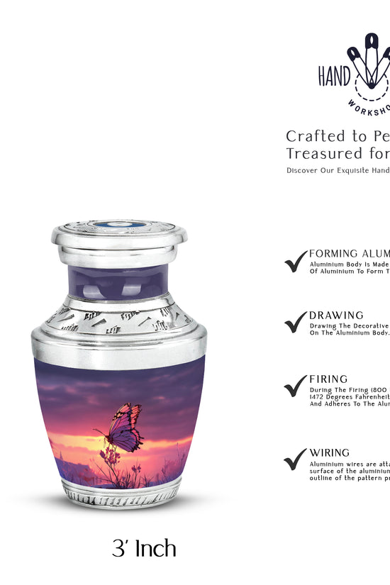 Dusty Blue Butterfly Cremation Urn top-down view of secure threaded lid - modern art-inspired butterfly motif on sleek aluminum - mini keepsake memorial for portion of cremation ashes
