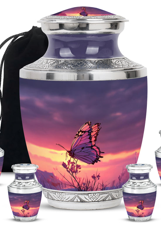 Sapphire Blue Butterfly Cremation Urn lifestyle display on memorial shelf - stylized abstract butterfly pattern with bold lines - memorial set with one large and four small urns
