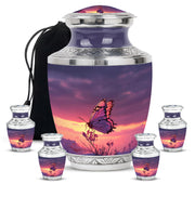 Sapphire Blue Butterfly Cremation Urn lifestyle display on memorial shelf - stylized abstract butterfly pattern with bold lines - memorial set with one large and four small urns