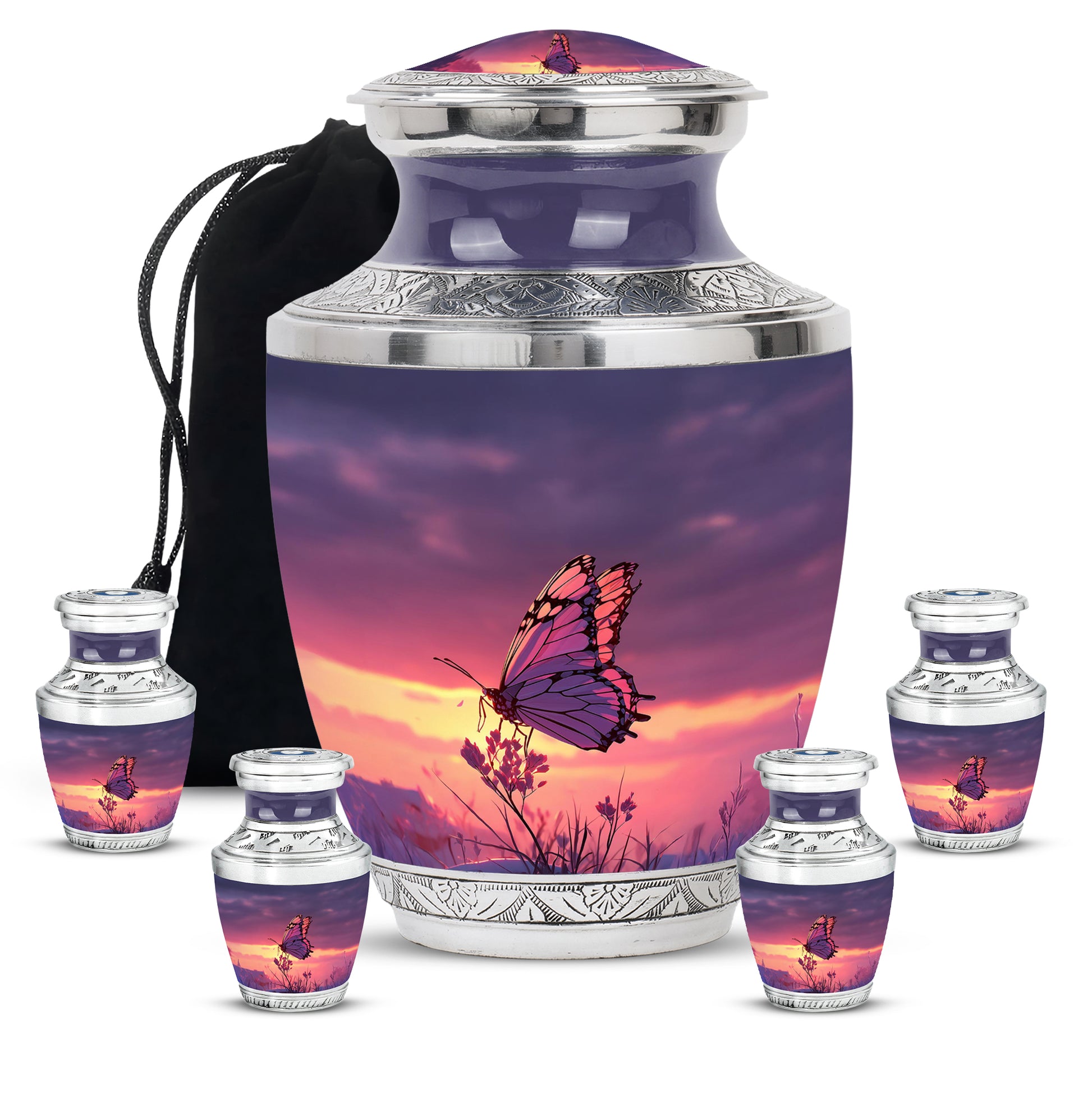 Sapphire Blue Butterfly Cremation Urn lifestyle display on memorial shelf - stylized abstract butterfly pattern with bold lines - memorial set with one large and four small urns