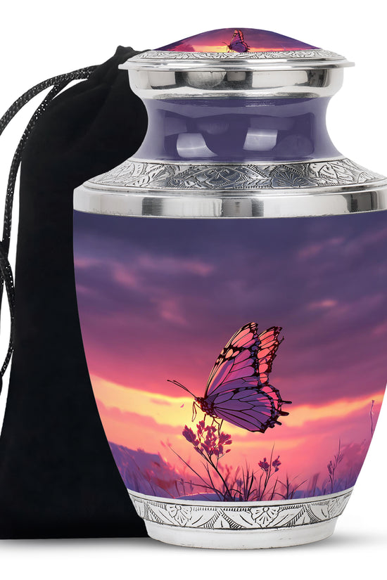 Powder Blue Butterfly Cremation Urn side profile showing urn shape - contemporary butterfly design with modern artistic flair - full-size 10 inch 200 cubic inch adult cremation urn