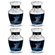 Midnight Black Butterfly Cremation Urn back view with polished surface - stylized abstract butterfly pattern with bold lines - 10 inch aluminum urn for cremated remains