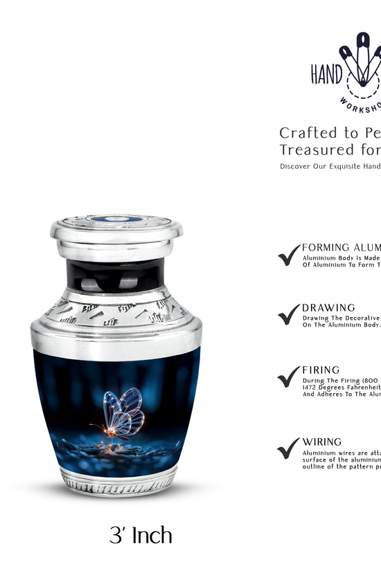 Charcoal Black Butterfly Cremation Urn top-down view of secure threaded lid - stylized abstract butterfly pattern with bold lines - mini keepsake memorial for portion of cremation ashes