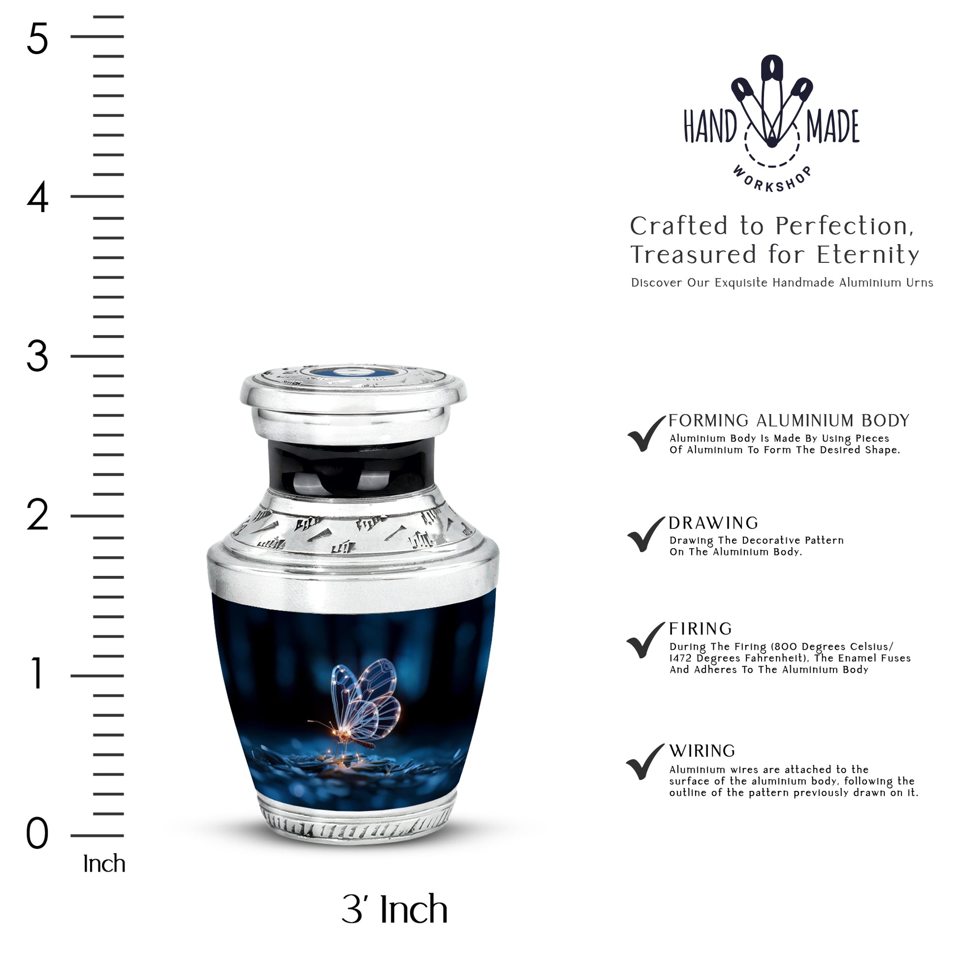 Charcoal Black Butterfly Cremation Urn top-down view of secure threaded lid - stylized abstract butterfly pattern with bold lines - mini keepsake memorial for portion of cremation ashes