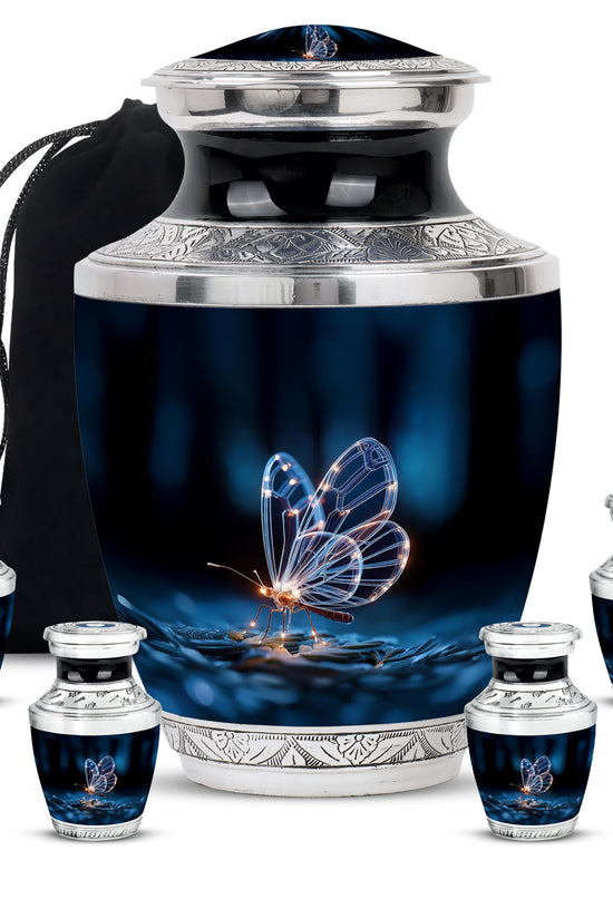 Rich Black Butterfly Cremation Urn lifestyle display on memorial shelf - contemporary butterfly design with modern artistic flair - memorial set with one large and four small urns