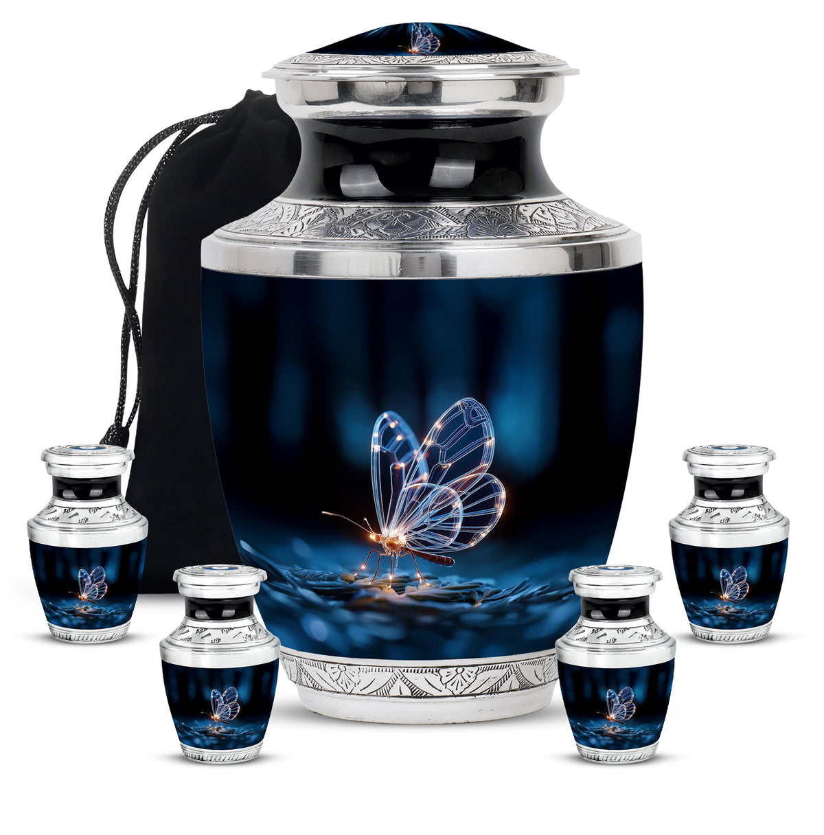 Rich Black Butterfly Cremation Urn lifestyle display on memorial shelf - contemporary butterfly design with modern artistic flair - memorial set with one large and four small urns