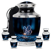 Rich Black Butterfly Cremation Urn lifestyle display on memorial shelf - contemporary butterfly design with modern artistic flair - memorial set with one large and four small urns