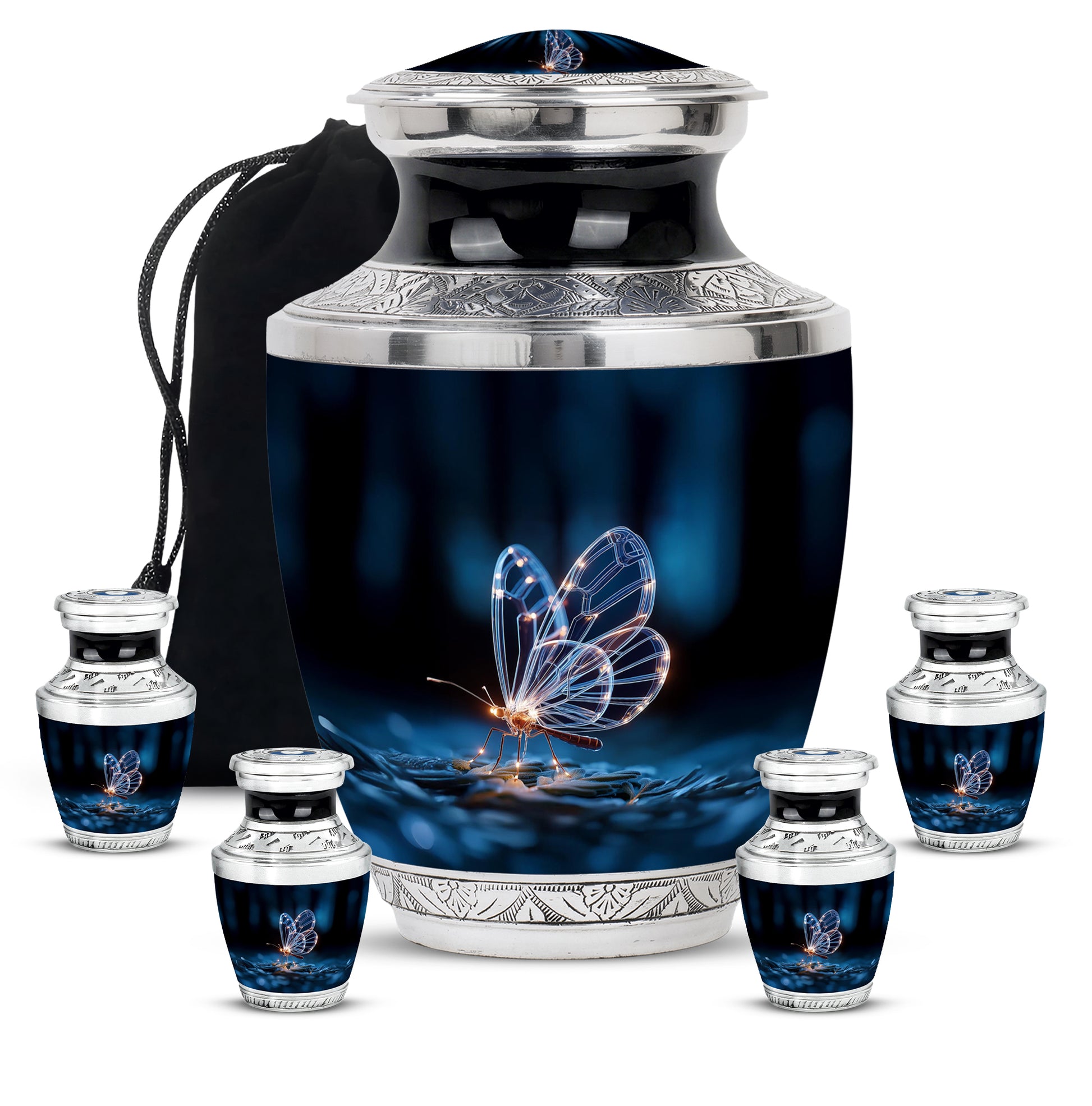 Rich Black Butterfly Cremation Urn lifestyle display on memorial shelf - contemporary butterfly design with modern artistic flair - memorial set with one large and four small urns