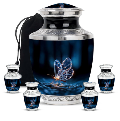 Rich Black Butterfly Cremation Urn lifestyle display on memorial shelf - contemporary butterfly design with modern artistic flair - memorial set with one large and four small urns